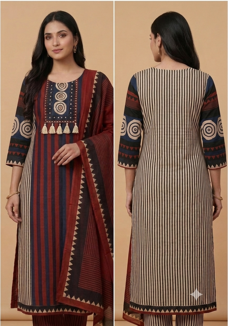Jaipuri Cotton embroidered Kurti set Maroon and black