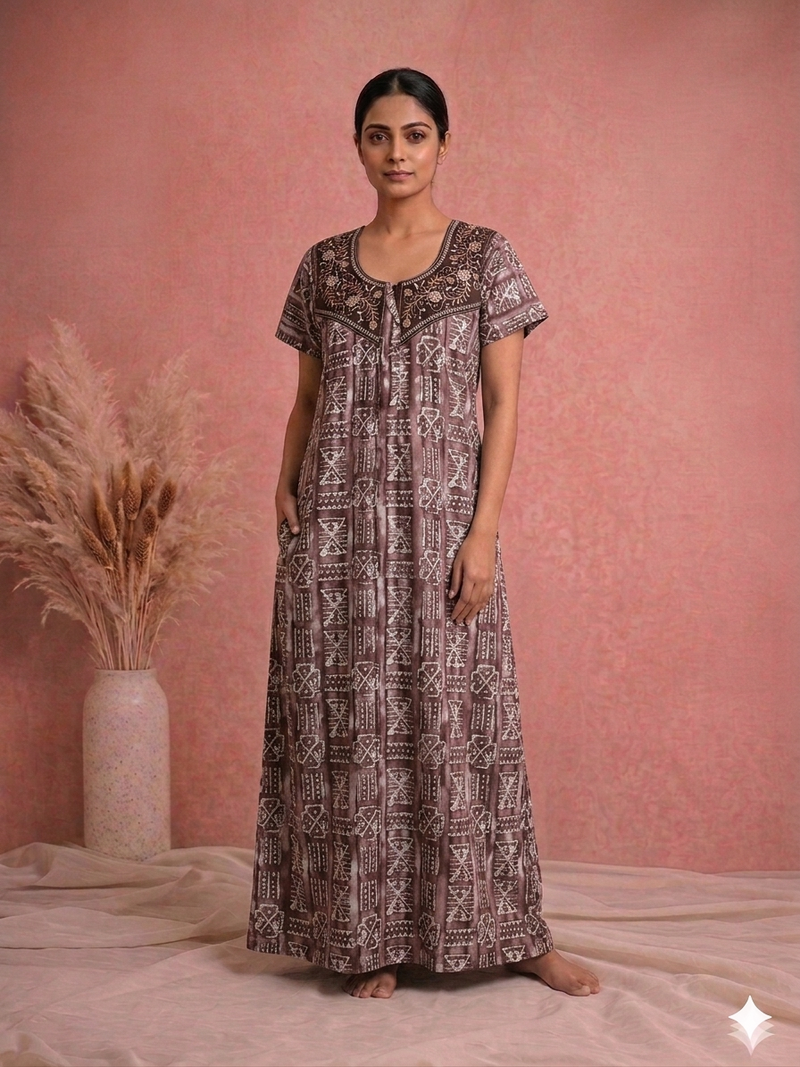 Shanthi Printed nighty with embroidery work Brown