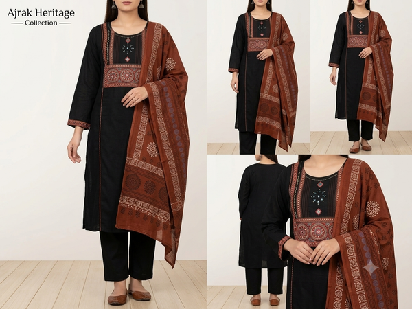 Black & Rust Ajrak Cotton Straight Kurta Set