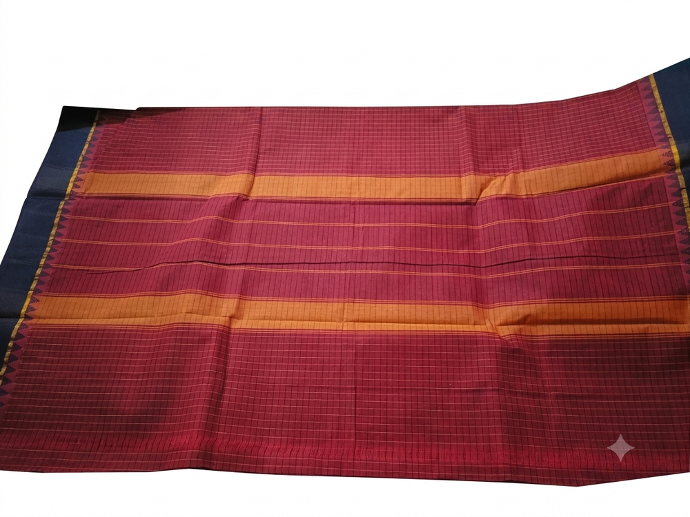 Handloom Double Vaarpu Cotton Saree – Maroon Checks with Navy Blue Temple Border - Without Running blouse