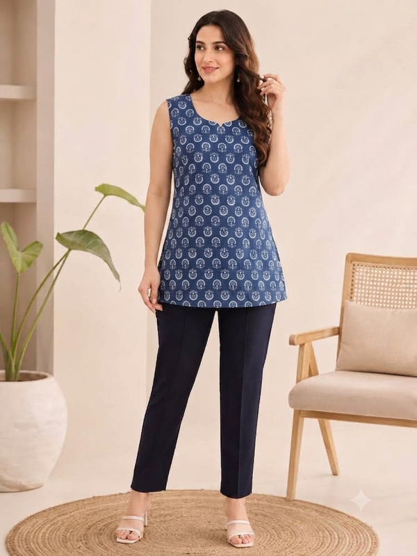 Sleeveless Printed Tunics - Blue