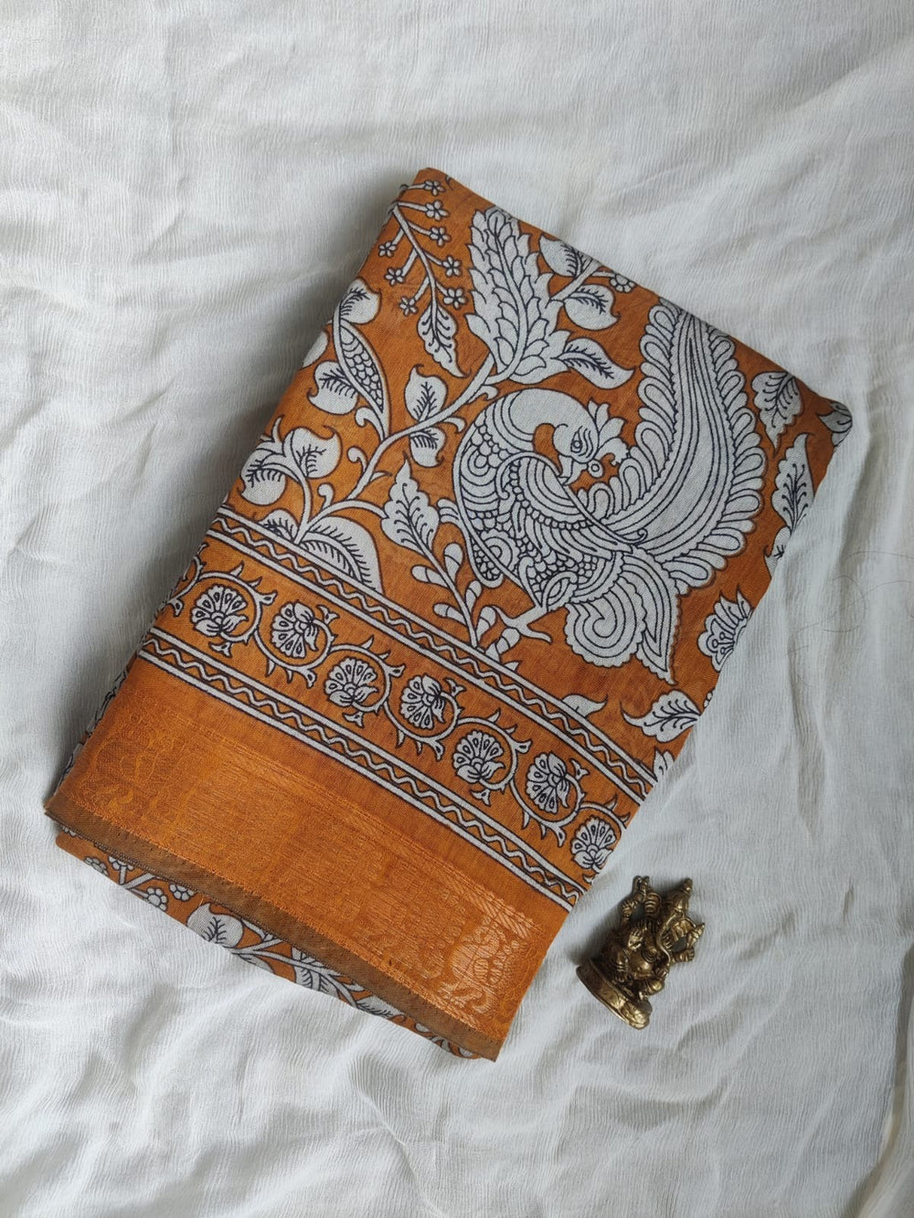 Kalamkari silk saree with Peacock Zari border- yellow