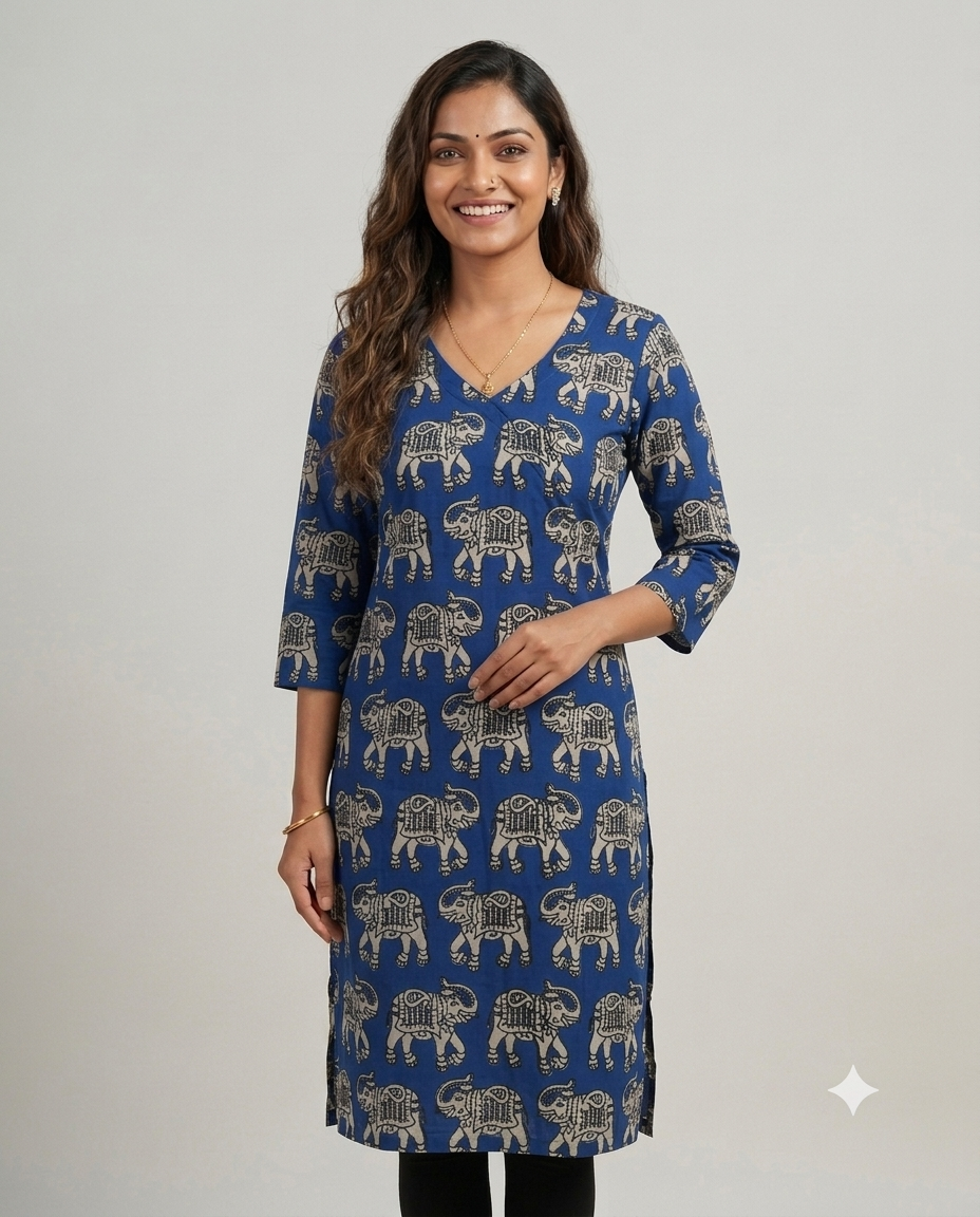 Blue Elephants - Kalamkari Cotton Kurti
