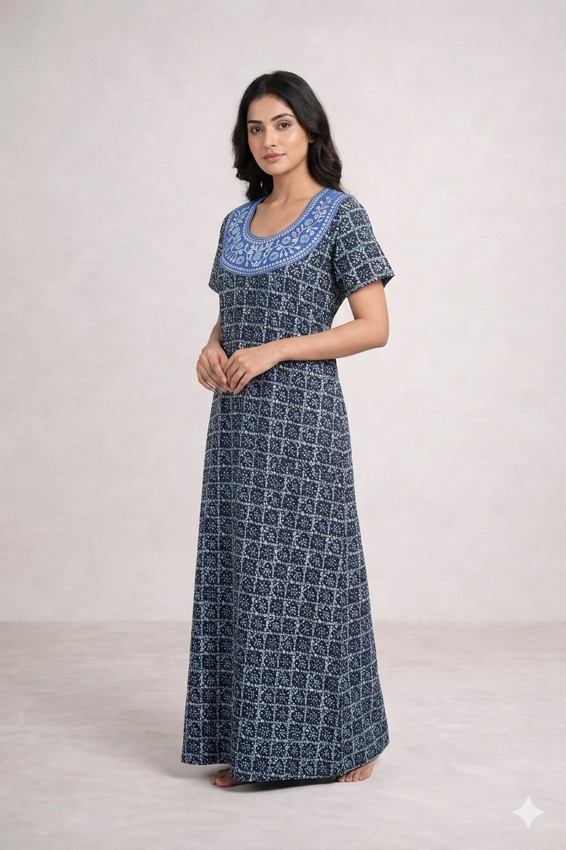 Shanthi Printed nighty with embroidery work Navy