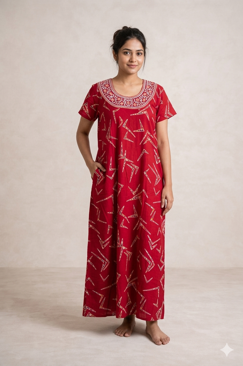 Shanthi Printed nighty with embroidery work Red