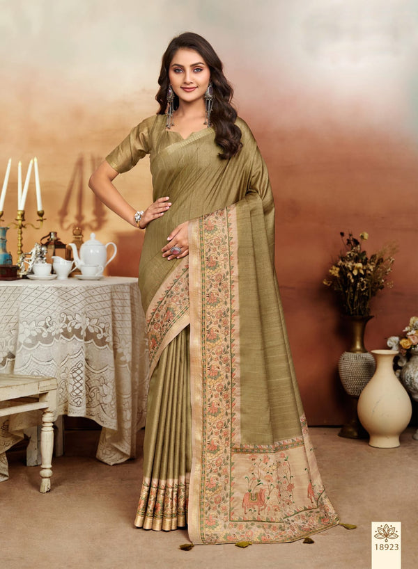 Premium Tussar Sarees With Embroidery Madhubani Threadwork Green