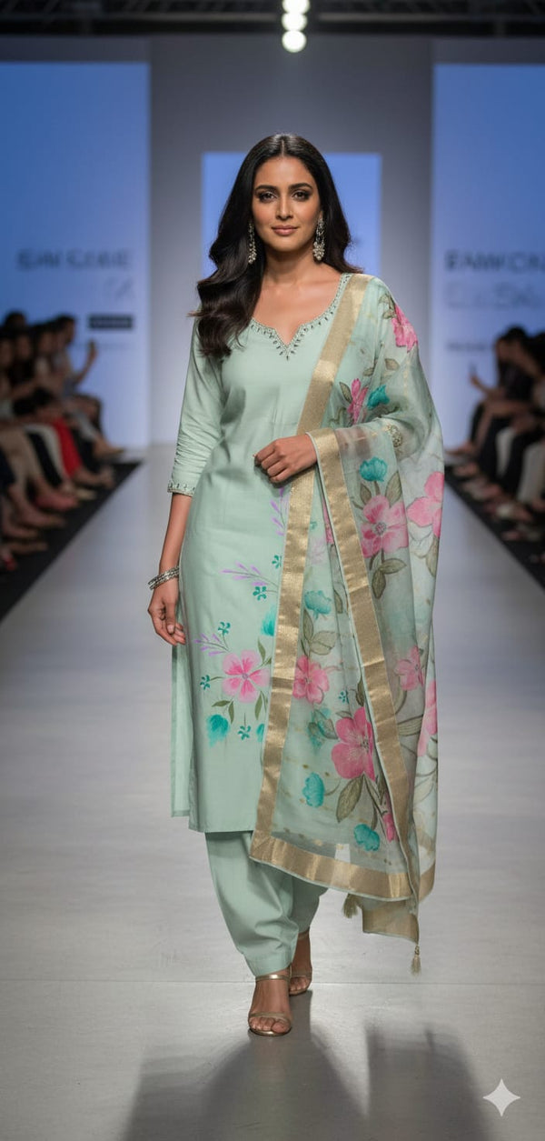 Elegant Mul Chanderi festive kurti set - Green