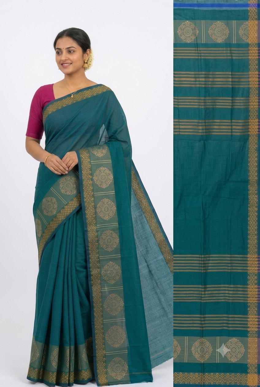 A woman modeling a teal green silk saree with gold zari woven patterns and a magenta blouse, shown alongside a close-up detail panel of the saree's border.