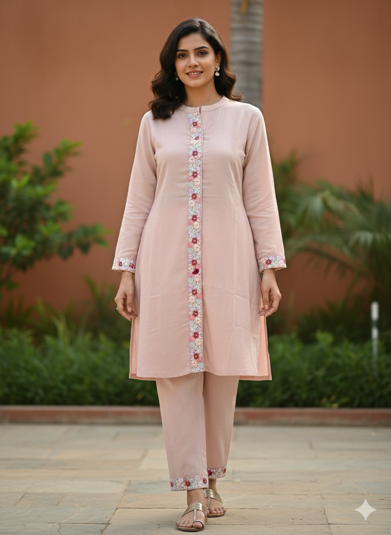Woman wearing a light pink kurta with floral embroidery outdoors.