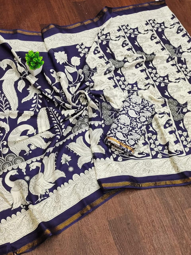 Mangalagiri Silk Pichwai Print Saree - Blue