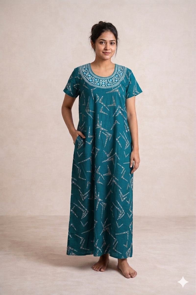 Shanthi Printed nighty with embroidery work Blue