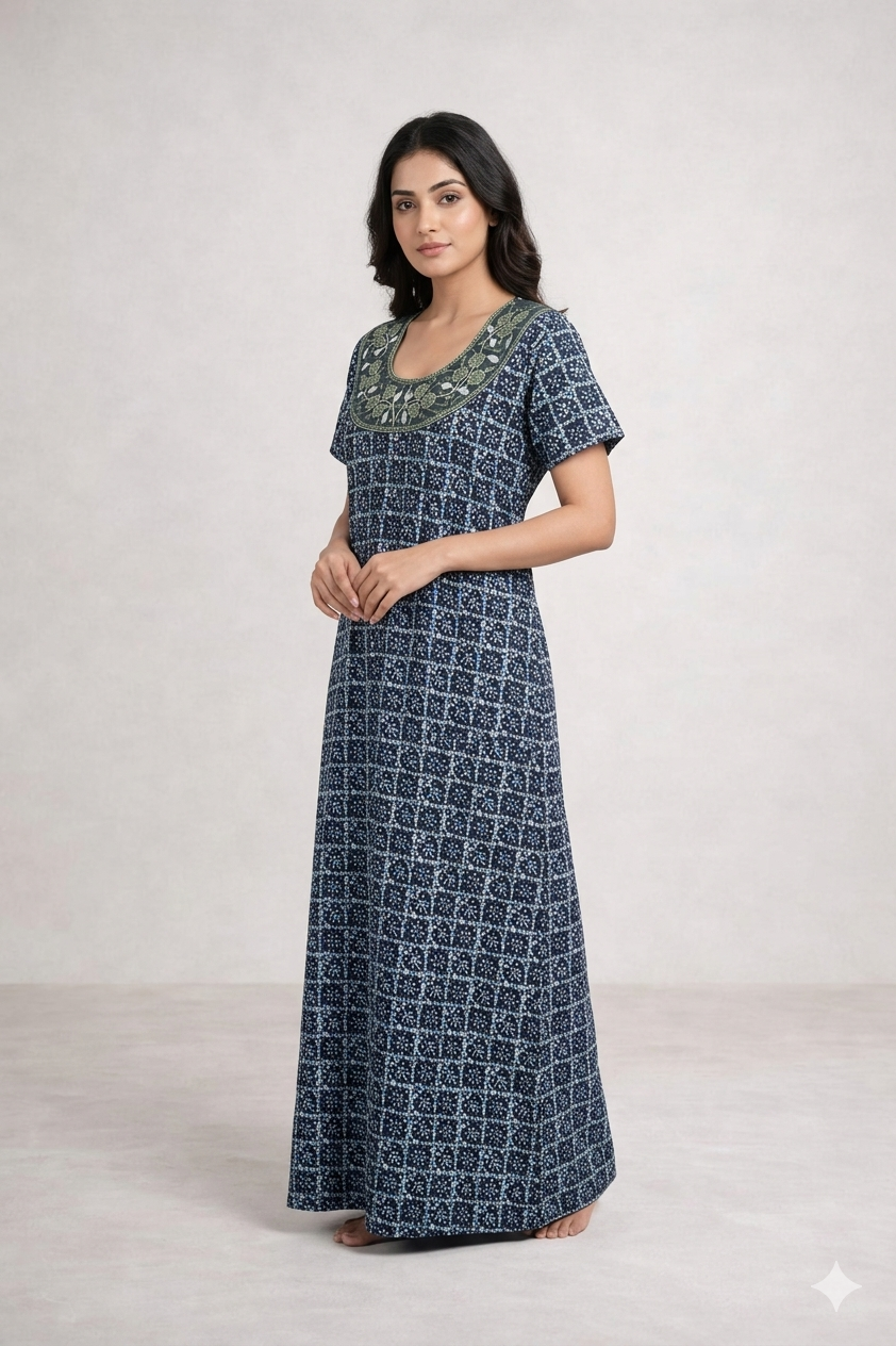 Shanthi Printed nighty with embroidery work Blue