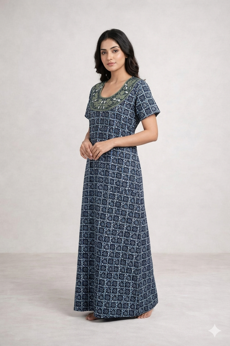 Shanthi Printed nighty with embroidery work Blue