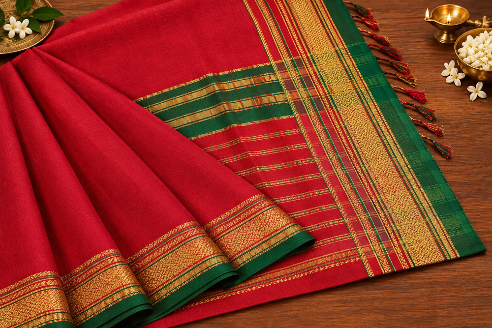Handloom Cotton Saree with Zari Border – Red & Green