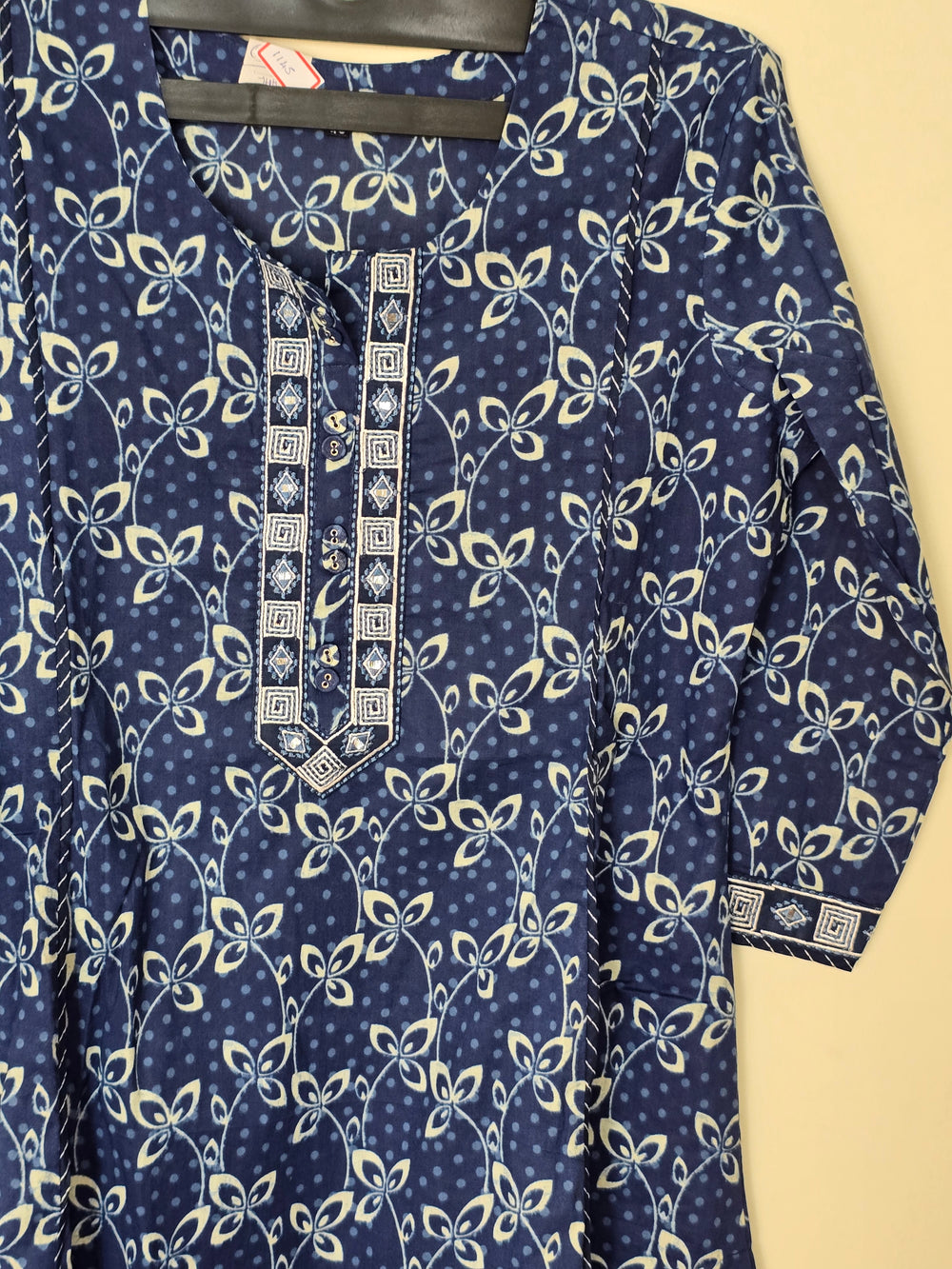 Navy Long Kurti with Embroidery neck pattern