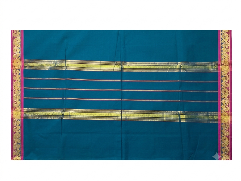 Peacock Teal Handloom Cotton Saree with Rich Zari Border & Contrast Magenta Border
