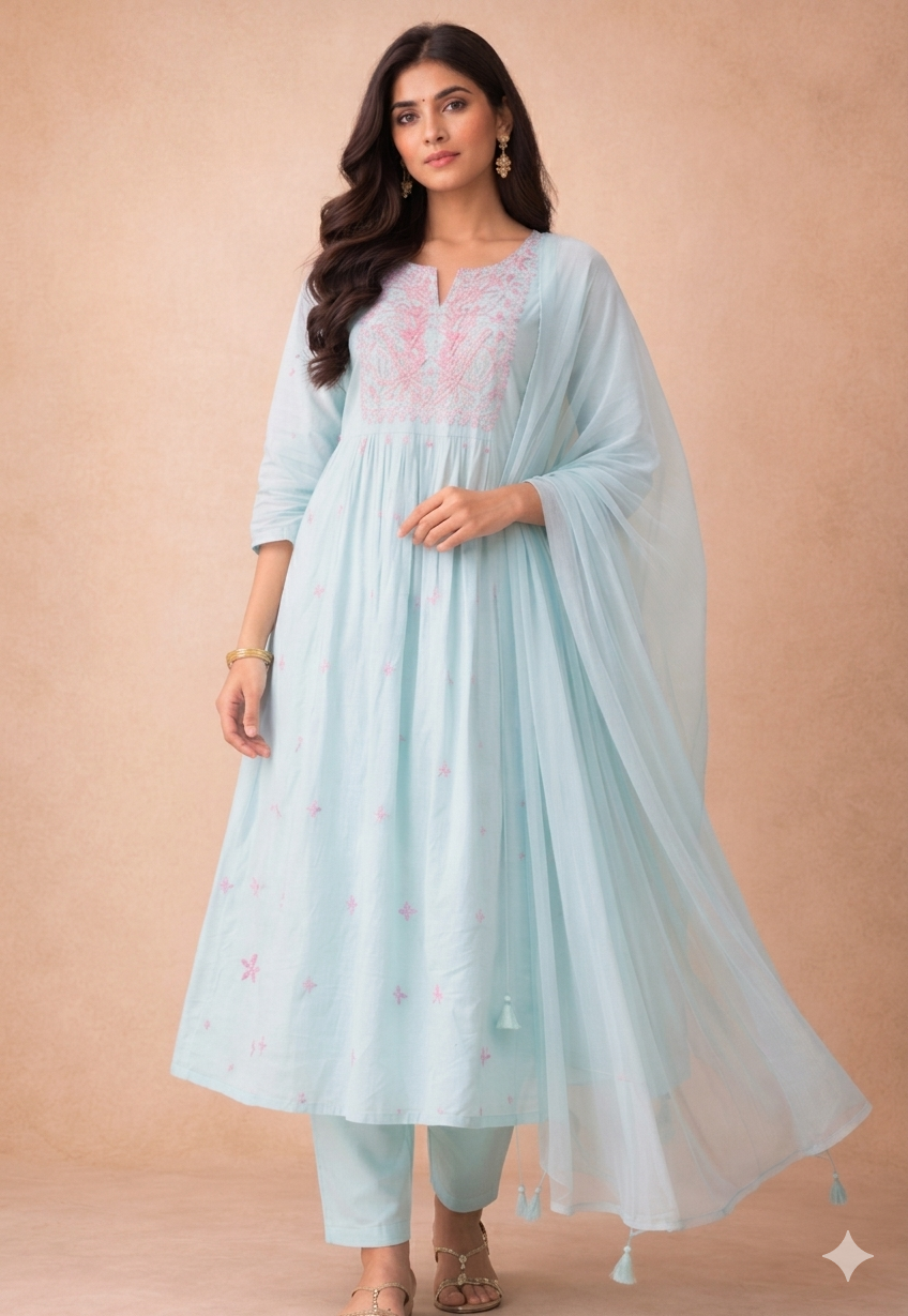 Mul Mul Cotton Embroidered Kurti set - Blue