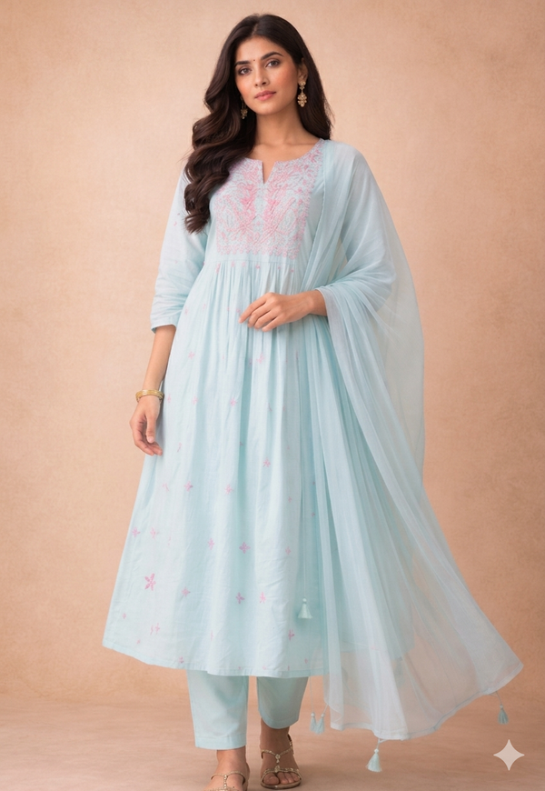 Mul Mul Cotton embroidered Kurti set - Blue