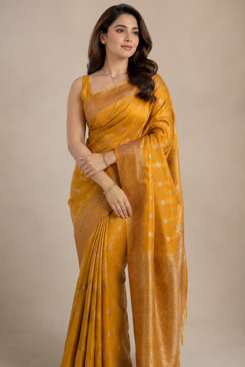 Classic Mustard Semi Tussar Saree with Rich Zari Border