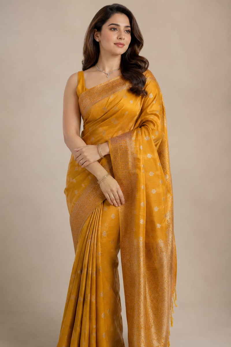 Classic Mustard Semi Tussar Saree with Rich Zari Border