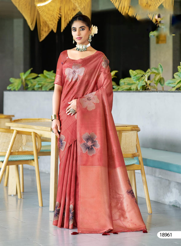 Silk Jacquard Sarees With Katha Work Embroidery coral pink