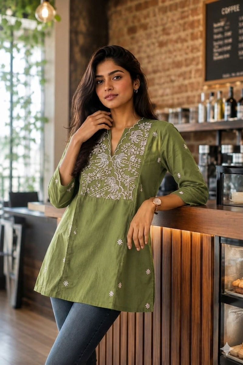 Cotton Olive green embroidered Tunics Olive green - XL