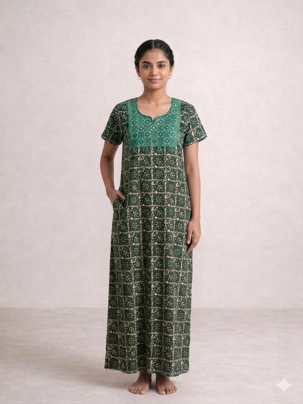 Shanthi Printed nighty with embroidery work Bottle green
