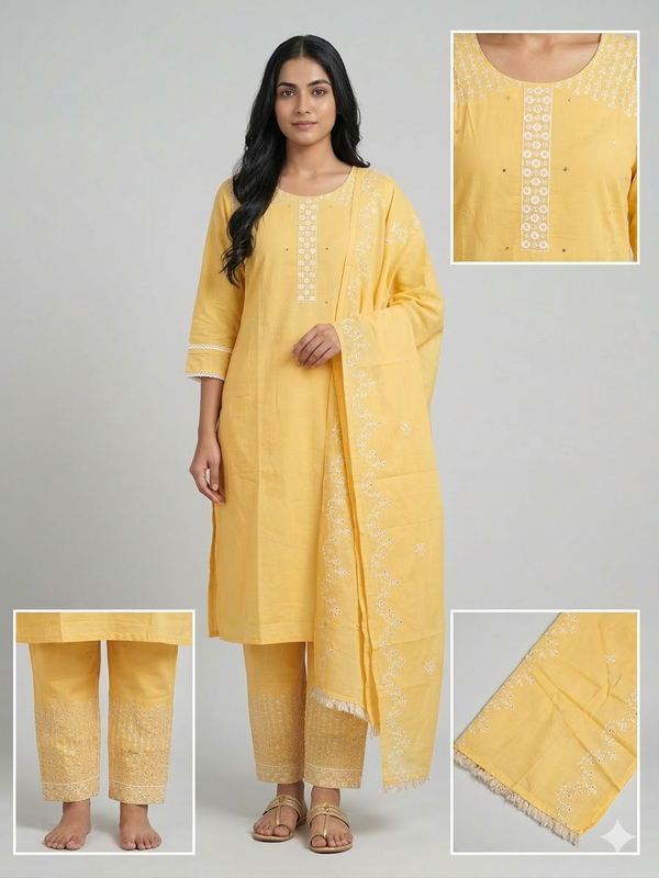 Pure cotton kurti set with embroidery work - Yellow(XL)