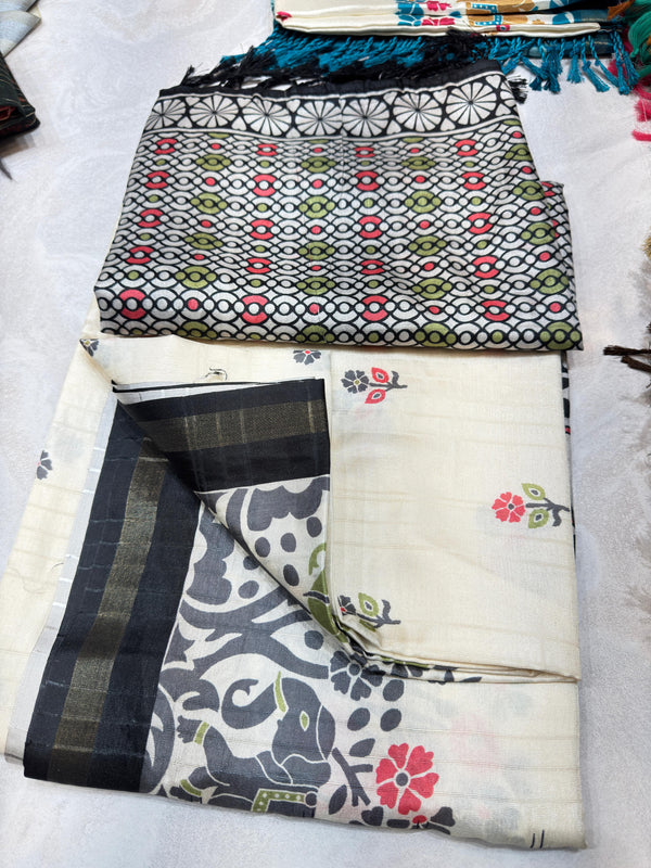 Ivory Elephant Printed Art silk saree with attached blouse