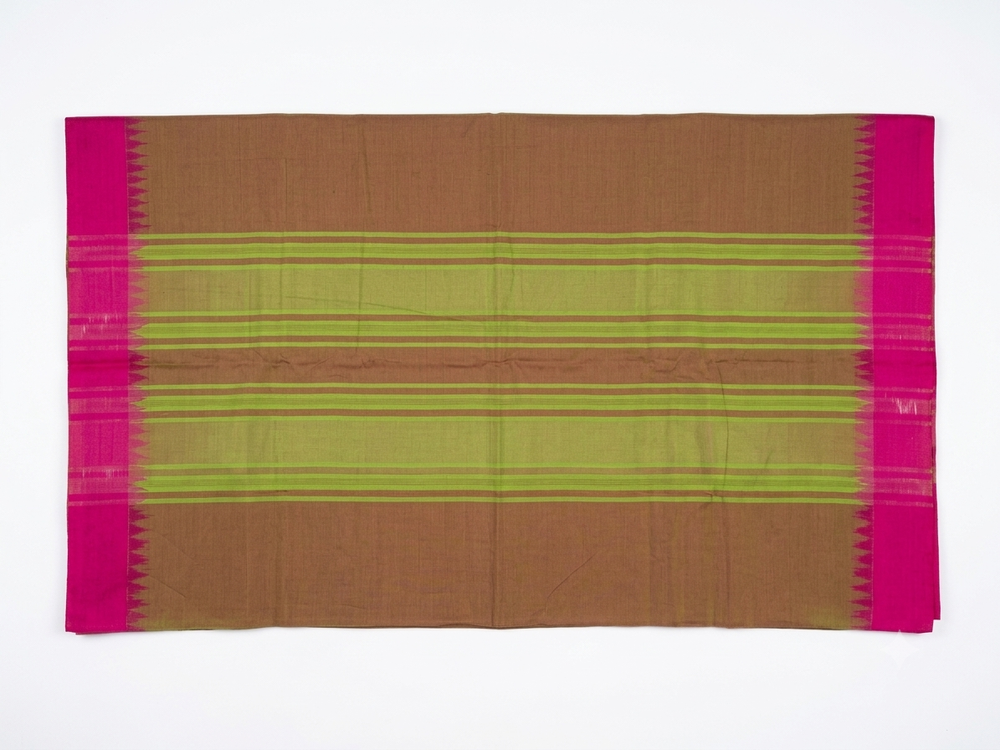 Handloom cotton saree with thread border - Yellow with pink - Without Running blouse