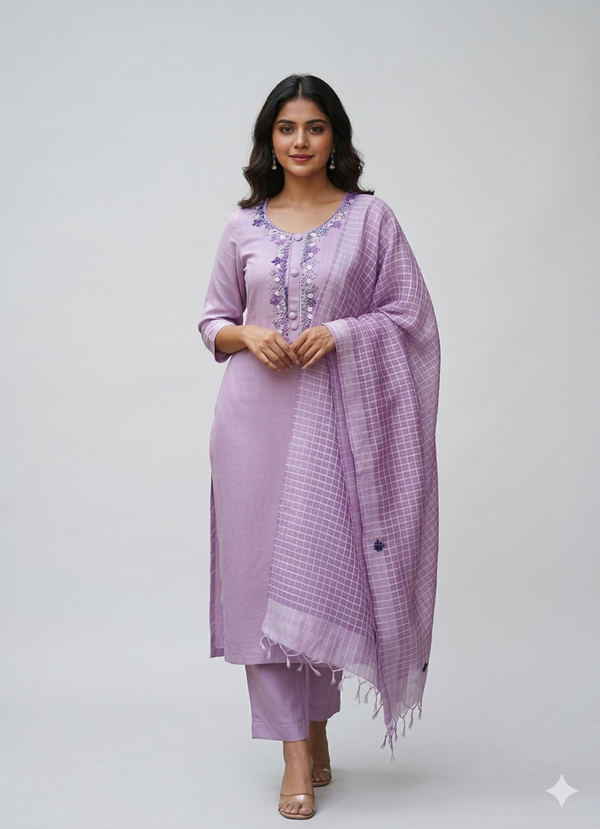 Pure Kota Kurti Set With Intricate French Knot Embroidery Work - Lavender XXL
