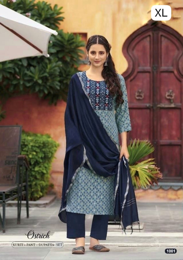 Ostrich Blue Cotton Salwar Set with Navy Dupatta