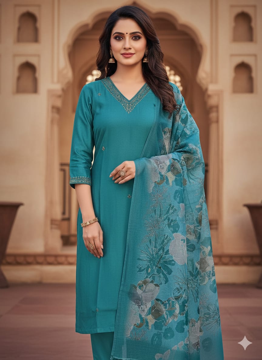 Elegant Embroidered Mul Chanderi festive kurti set - Green