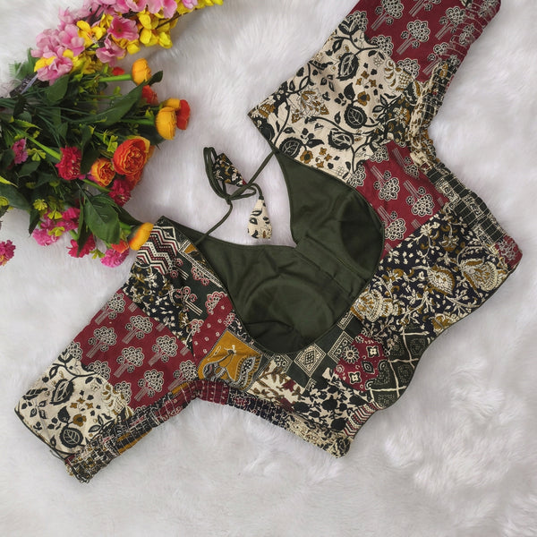 Princess cut Side Elastic Ajrak Printed Readymade blouse - Green