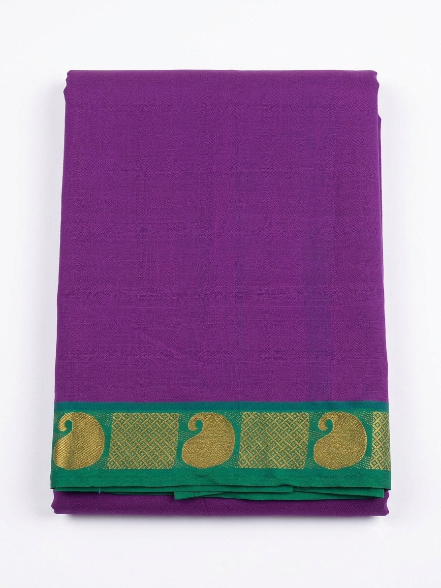 Handloom Cotton Saree with Zari Border – Purple & Green Zari border - Without Running blouse
