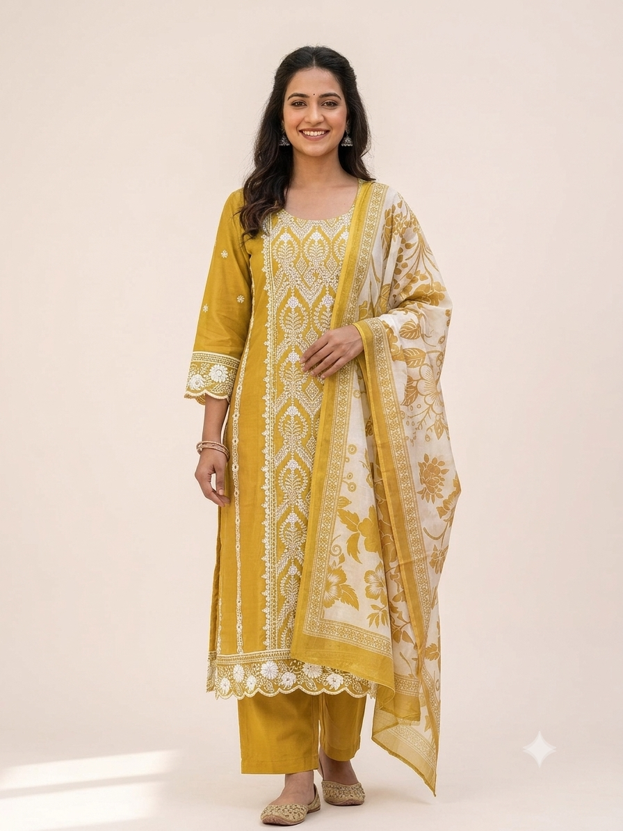 Mustard Yellow Semi Mul Chanderi Embroidered Salwar Set