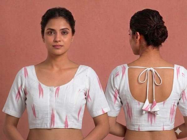 Princess cut Readymade blouse - Ikat cotton White and pink