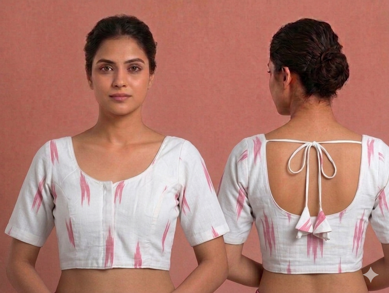 Princess cut Readymade blouse - Ikat cotton White and pink