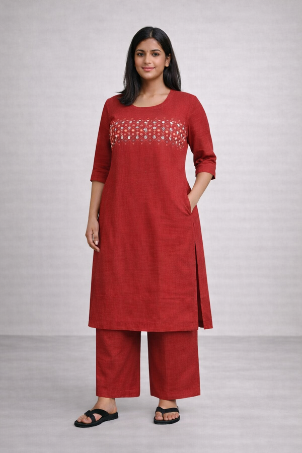 Cotton embroidered co-ord set(Red)