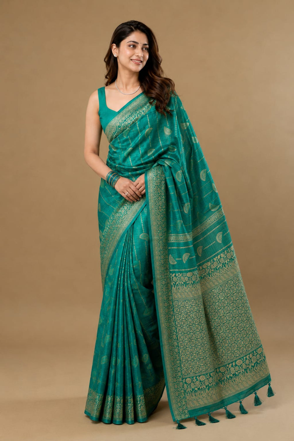 Peacock Teal Semi Tussar Saree | Rich Zari Woven Pallu | Elegant Festive Drape