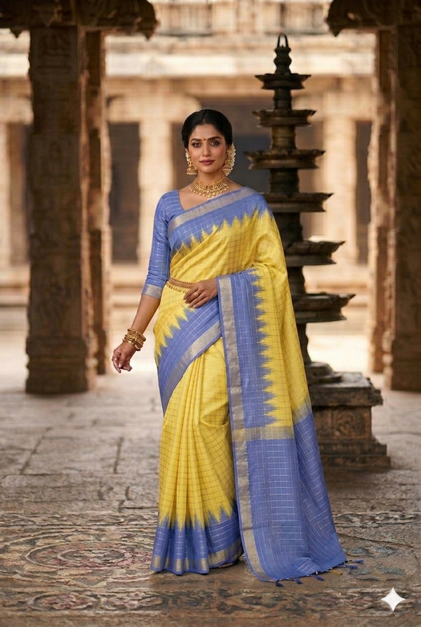 Yellow  and blue linen checked zari saree