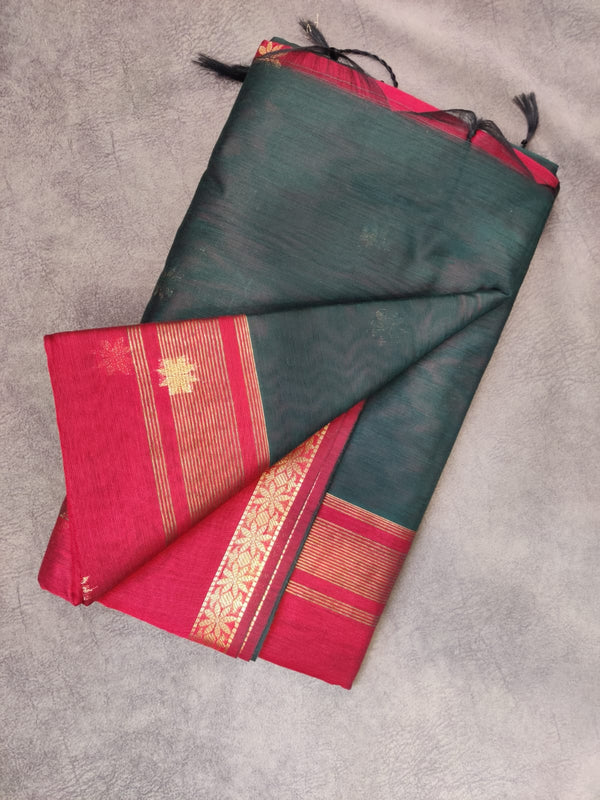 Rust and Bottle Green Cotton saree with zari buttas