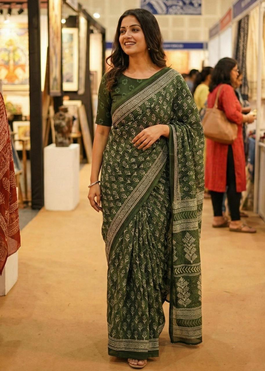 Elegant Mul cotton saree Mehandi Green