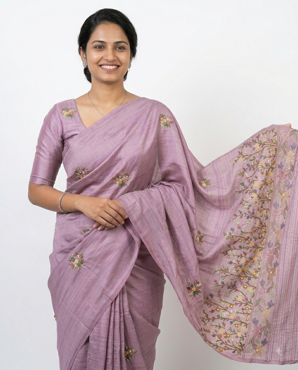 Lavender Tussar Silk Saree with Handcrafted French Knot Floral Embroidery