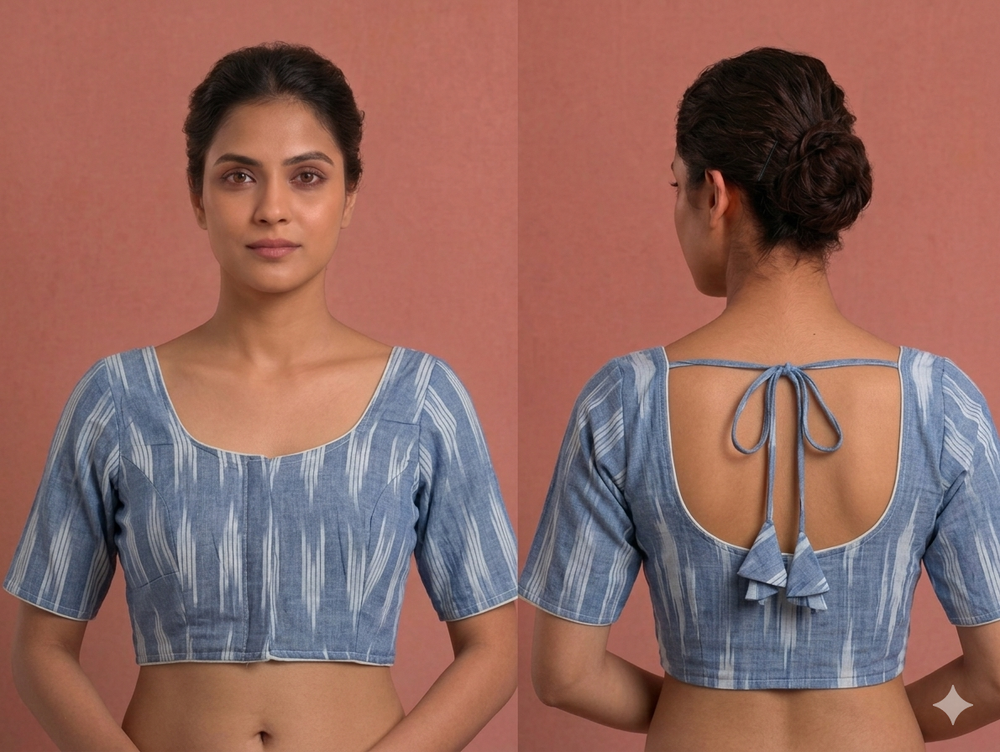 Woman wearing a blue and white patterned top with a pink background