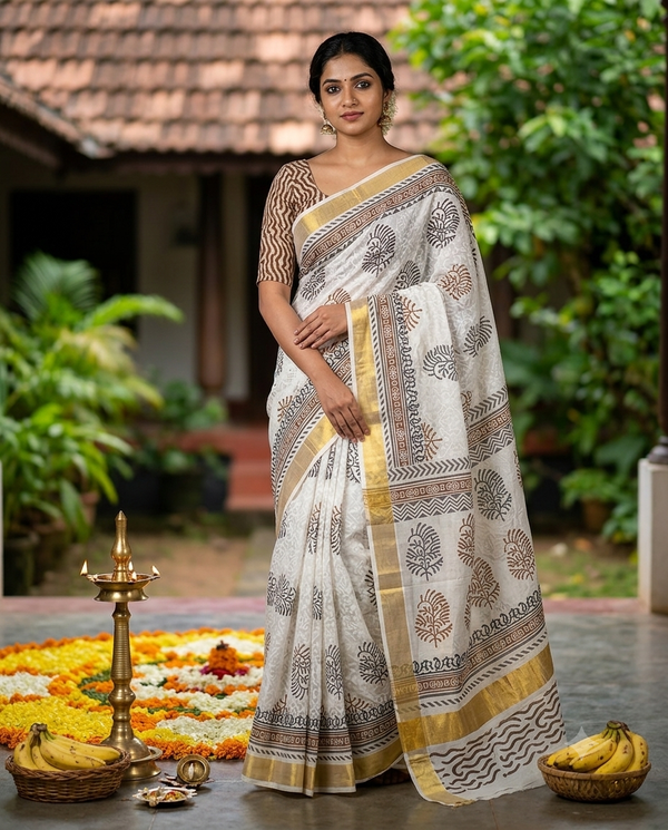 White and Brown Printed cotton saree