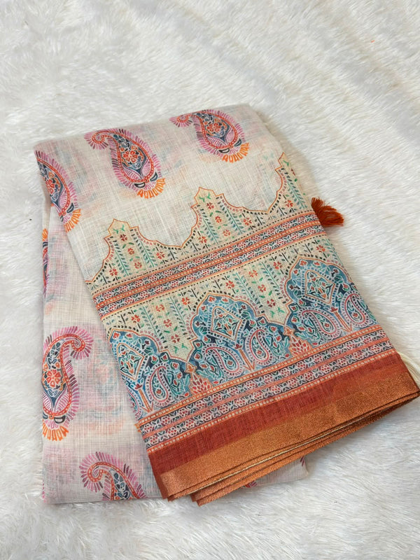 White and Saffron Printed Linen saree with Zari border