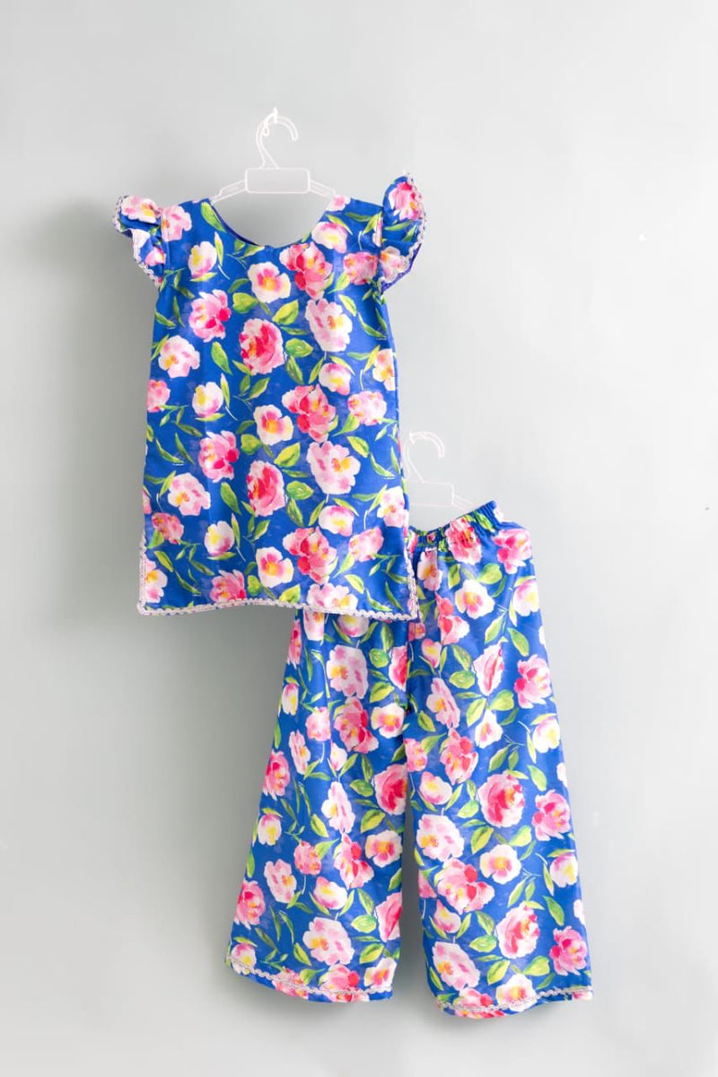 Royal Blue Peony Flutter-Sleeve Palazzo Set