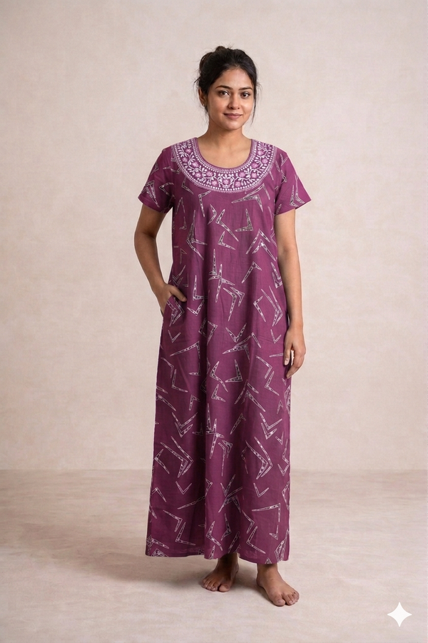 Shanthi Printed nighty with embroidery work Pink