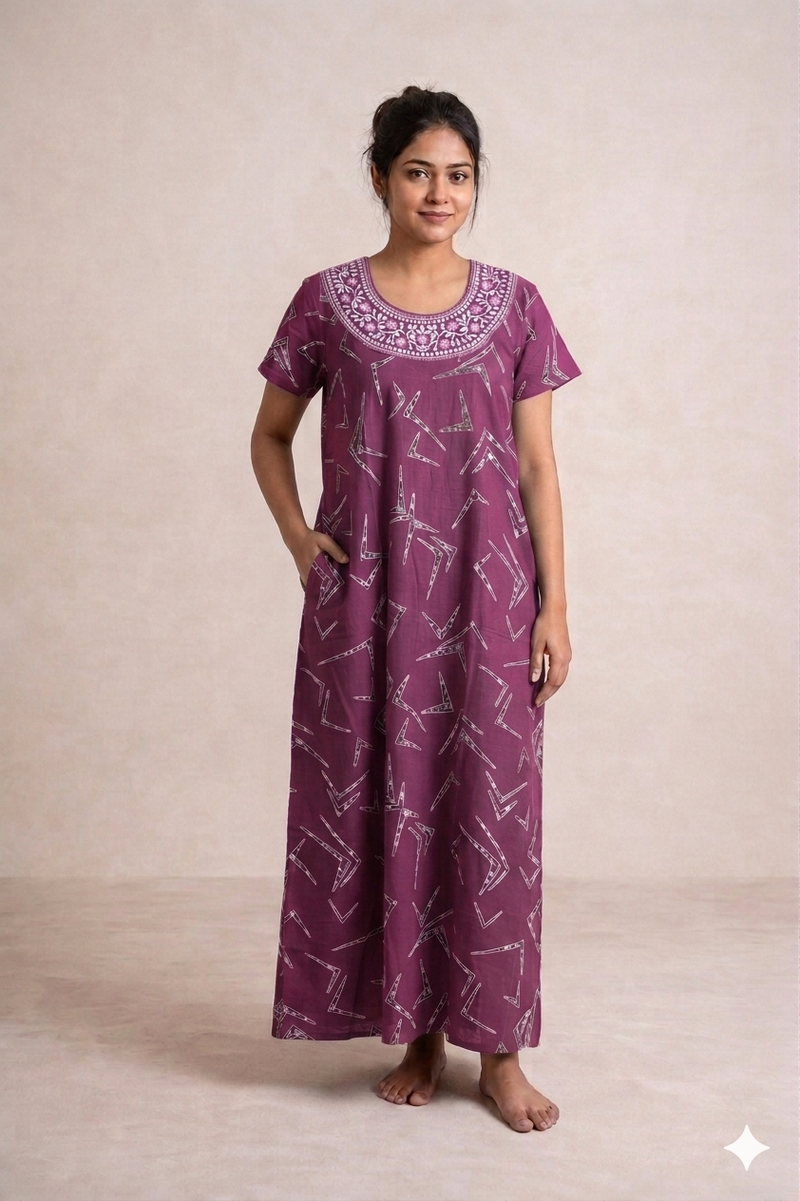 Shanthi Printed nighty with embroidery work Pink